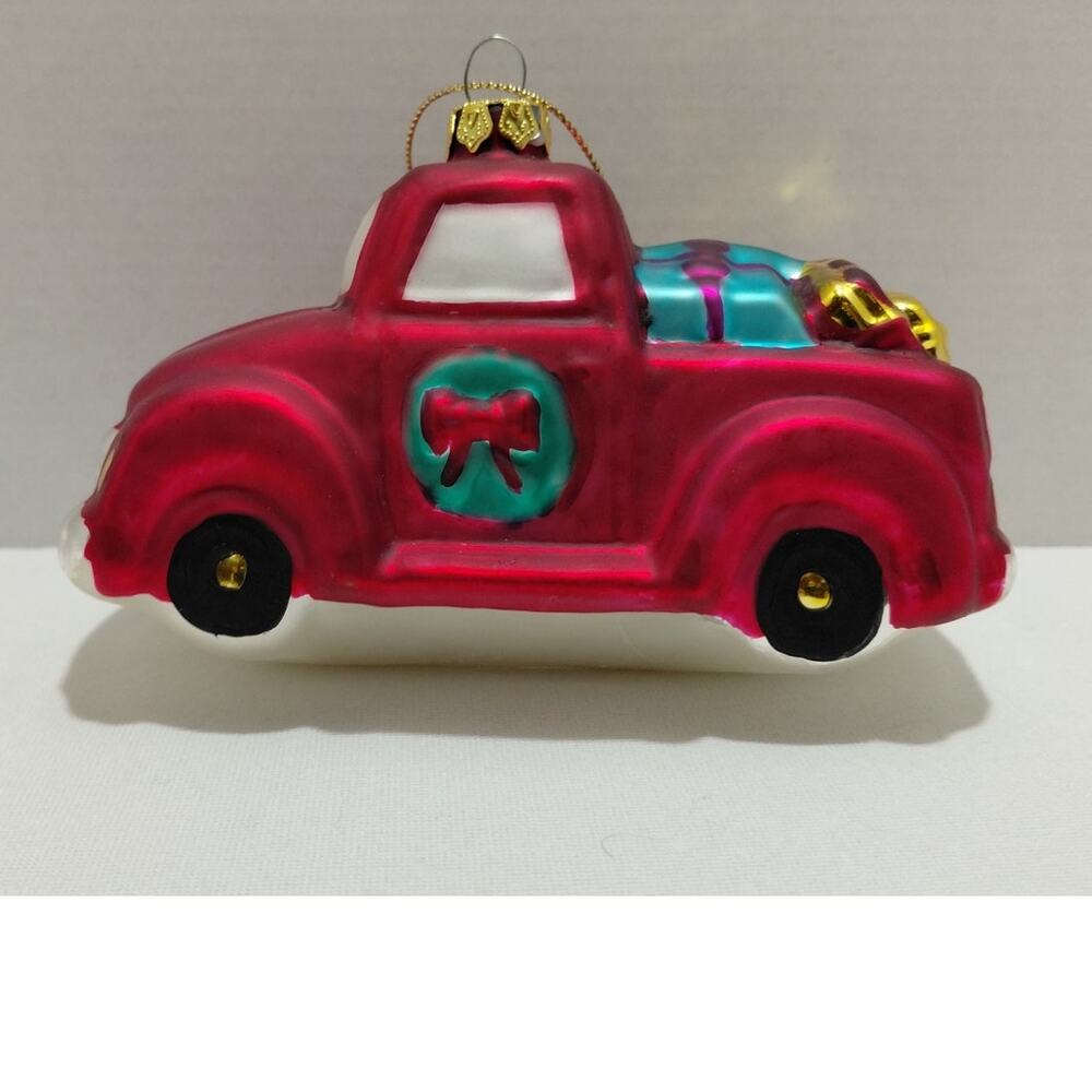 Vintage Christmas Ornament Glass Red Pick-Up Truck Loaded with Presents